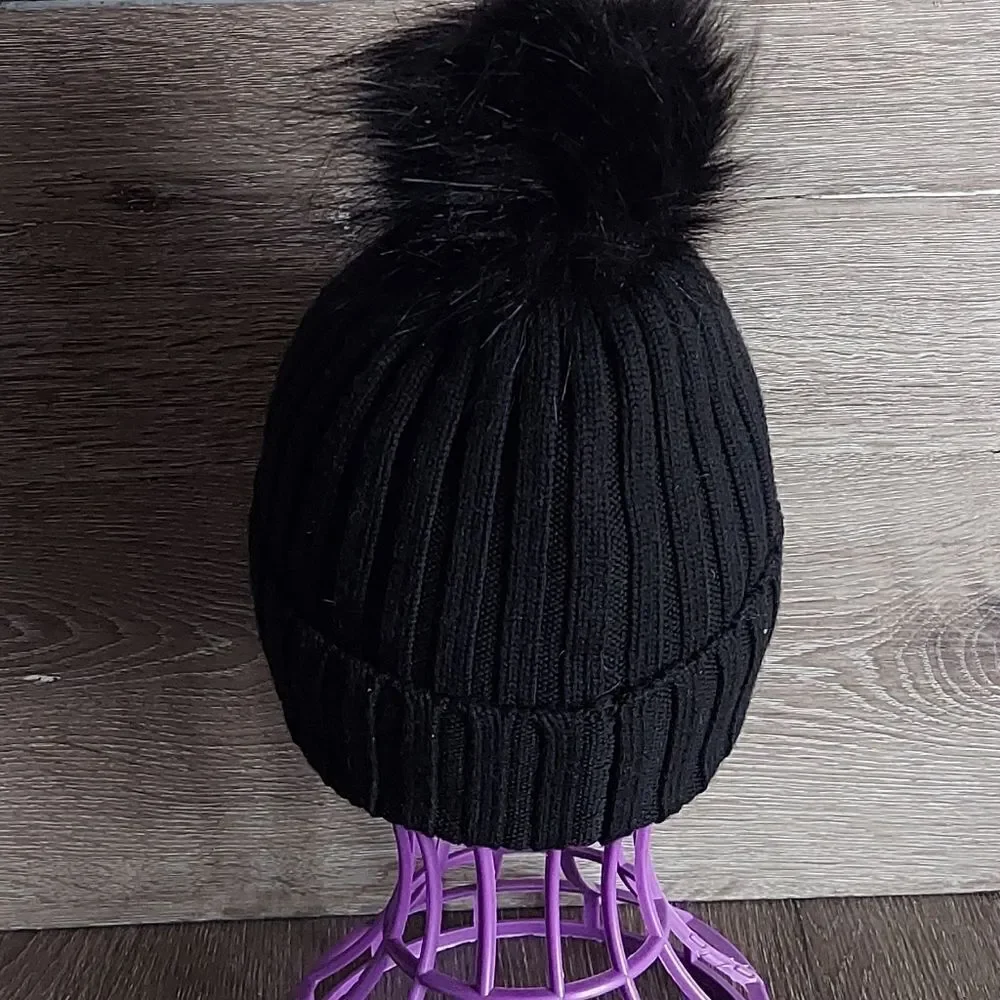 AlXILIARY Ribbed Knit Merino Wool Pom Pom Beanie - Black